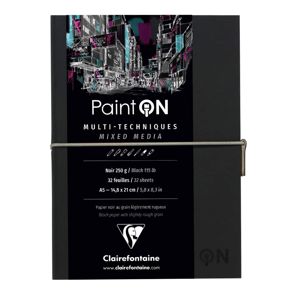 Clairefontaine - Ref 975185C - Paint'On Multi-Technique Black Sewn Art Book (32 Sheets) - A5 Size, 250gsm Paper, Acid Free - Suitable for Multiple Techniques