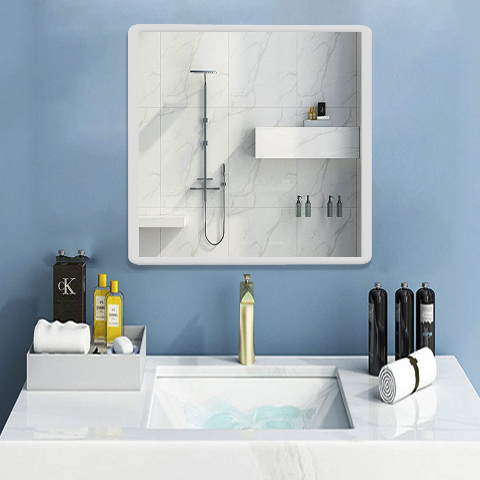 Hosoncovy 30CM Square Metal Frame Bathroom Wall Mirror Hanging Mirror Makeup Mirror for Bathroom Living Room Bedroom Home Decoration (White)