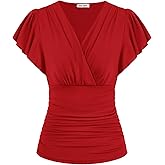 GRACE KARIN 2025 Womens Tops Summer Wrap Blouse V Neck Ruffle Sleeve Dressy Casual Top Ruched Trendy Clothes