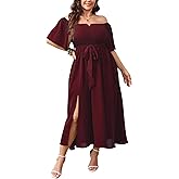 SCOMCHIC Womens Plus Size Formal Dresses Off The Shoulder Wedding Guest Cocktail A-Line Split Maxi Dress with Pockets