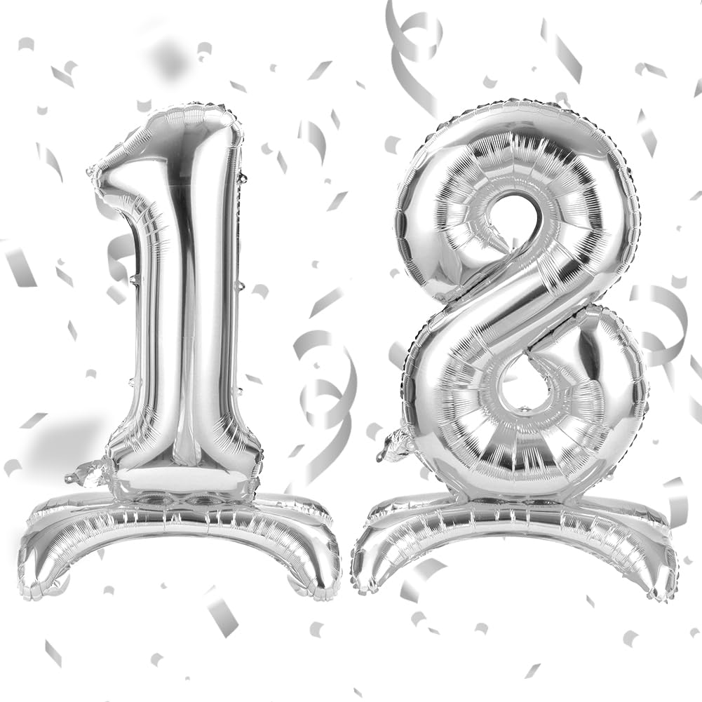 APXEL Silver Standing Number 18 Balloons, 40 Inch Large Foil Number 1 & 8 Balloons, Self Inflating 18th Birthday Balloon for 18 Year Anniversary Birthday Party Christmas Decorations Supplies