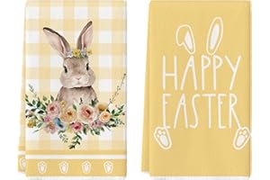Artoid Mode Yellow Buffalo Plaid Bunny Rabbit Happy Easter Kitchen Towels Dish Towels, 18x26 Inch Spring Summer Holiday Decor