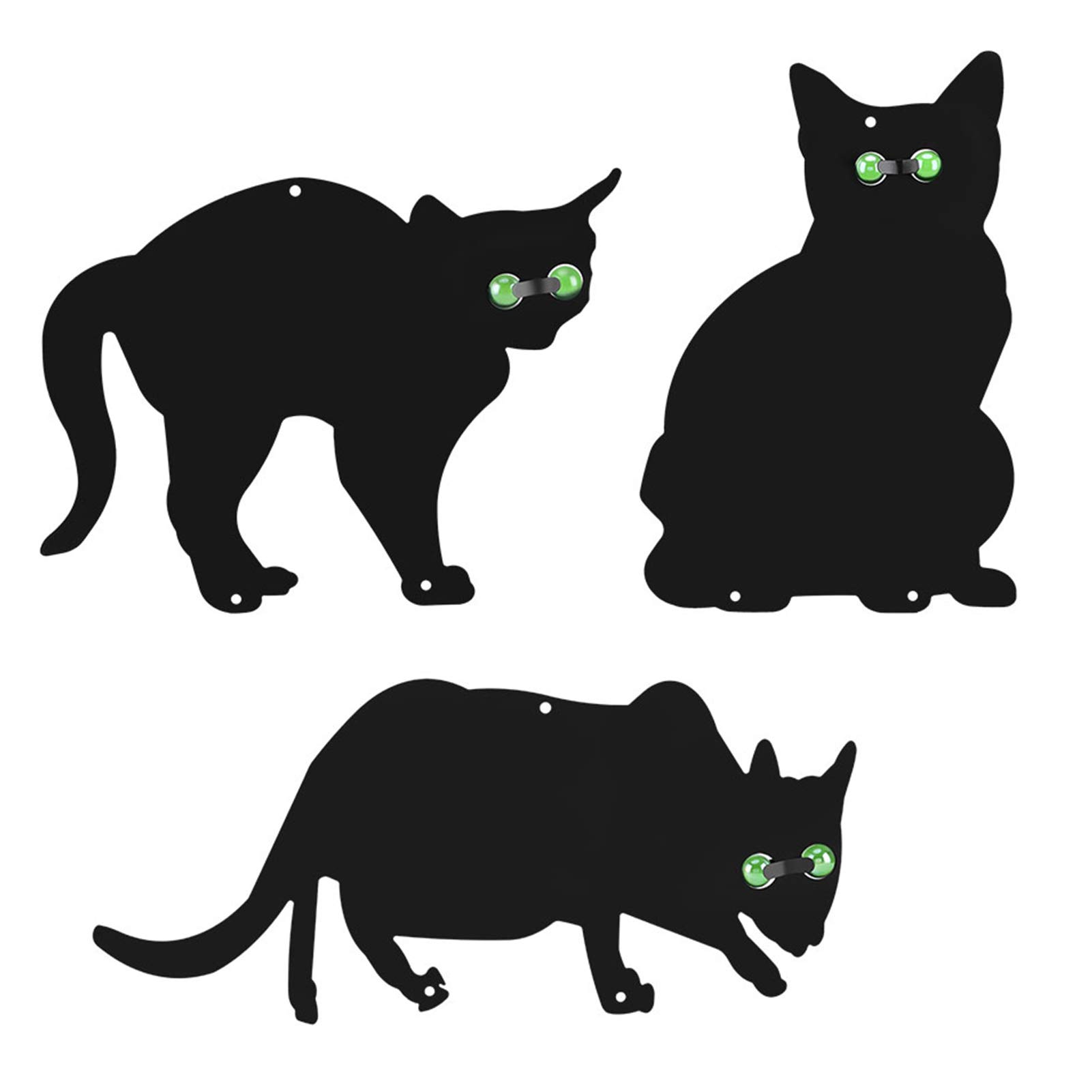 Garden Metal Cat Silhouettes, 3-Pack, Black, Decorative Bird Deterrent with Green Marble Eyes, Weatherproof for Gardens, Ponds, Fences