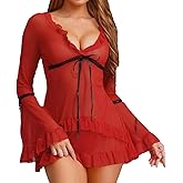 HOTSO Women Sheer Dress Sexy Bell Sleeve Babydoll Nightdress See Through Lingerie Mesh Chiffon Dress Ruffle Teddy Sleepwear
