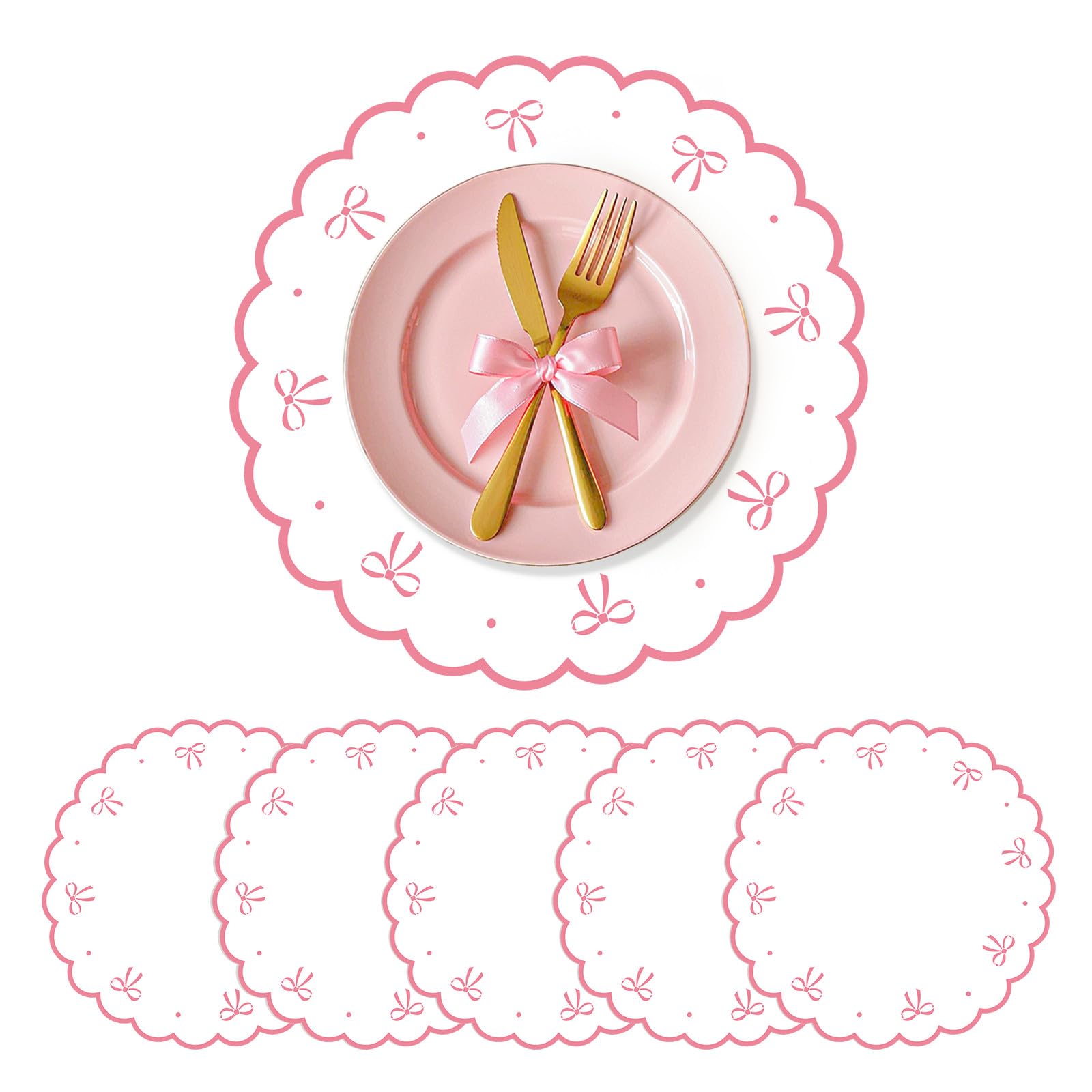 Photo 1 of 100 Pieces Pink Bow Party Placemats Bow Decorative Paper Table Mats Disposable Tableware for Bachelorette Bridal Shower Birthday Party Decorations