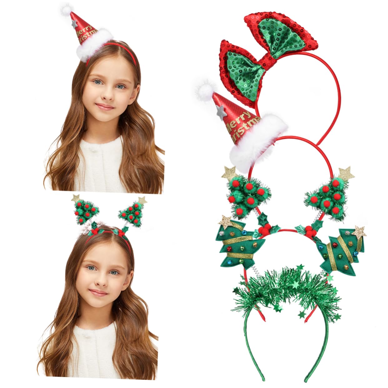 Christmas Headbands, Christmas Tree Santa Hat Sequin Bows Headbands Party Hats for Kids Adults