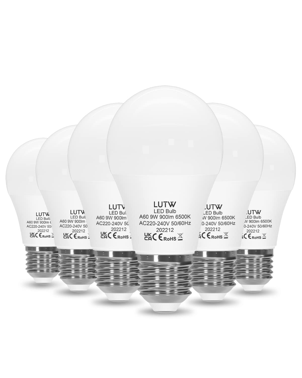 LUTW LED Light Bulbs, E27 Edison Screw Bulbs 60W Equivalent, Cool White 6500K ES Screw in Light Bulb, 9W 900lm Super Bright Energy Saving Lightbulbs for Lamp, Non-Dimmable Pack of 6