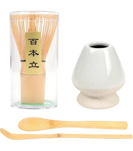 Matcha Making Kit - Bamboo Whisk (Chasen), Holder, Scoop & Spoon - Traditional Black Set