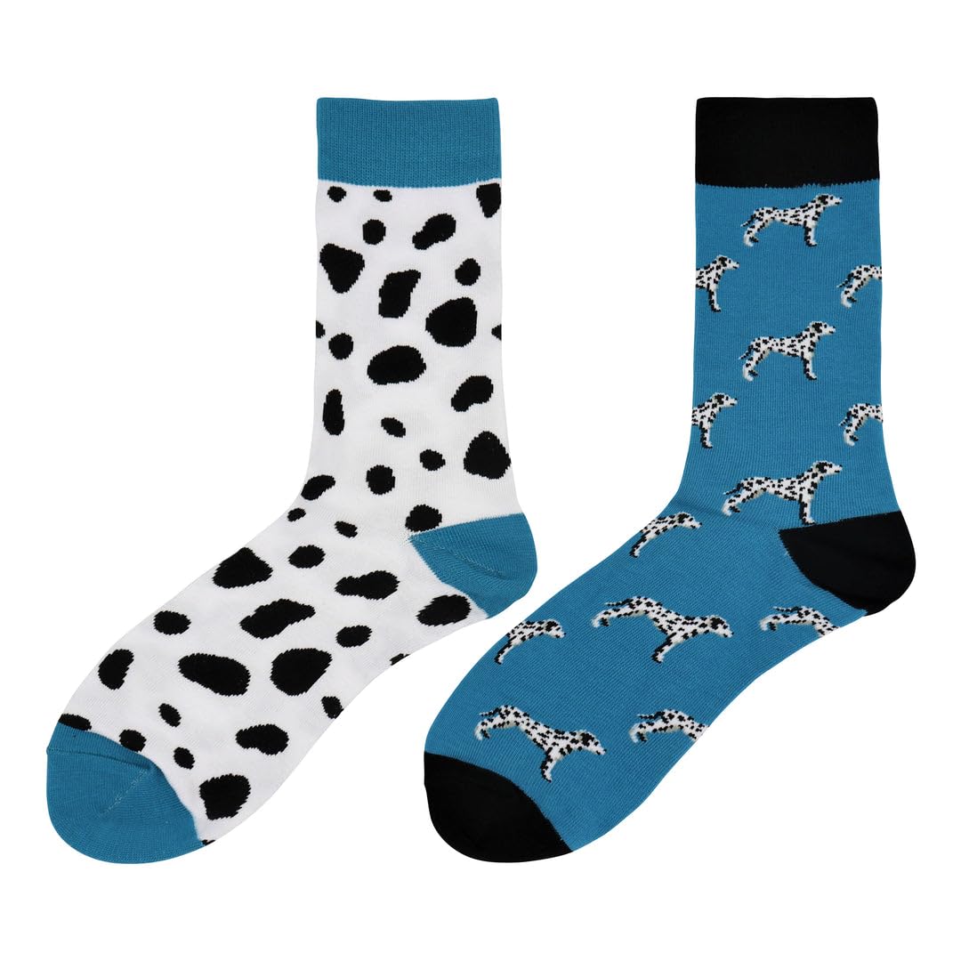 Photo 1 of Real Sic Fun Socks for Men and Women - Cozy Cotton Dress Socks with Colorful Designs - Cool, Casual, Animal Patterned (Dalmatian Dog Mismatch)
