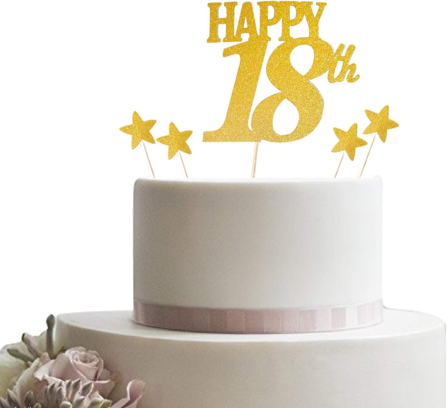 Gold Happy 18th Cake Topper Plus 4 Star Toppers,Wedding, Birthday, Anniversary, Party Cupcake 18 Years Old