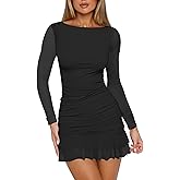 HOCILLE Women's Sexy Bodycon Boat Neck Mini Dresses Mesh Long Sleeve Ruched Ruffle Hem Club Party Short Dress