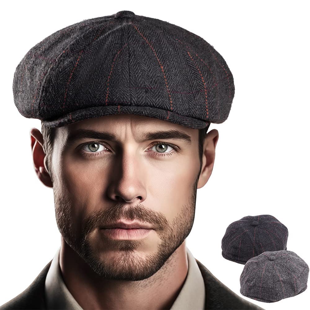 Photo 1 of 2 Pack 8 Panel Newsboy Hat Men Flat Cap Wool Blend (Plaid, Black+Grey, L/XL)