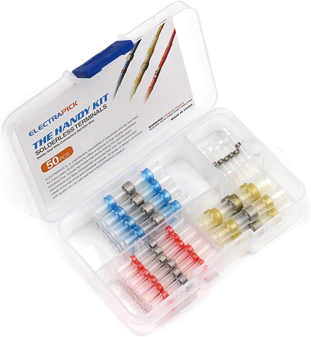 50PCS Solder Seal Wire Connectors, ELECTRAPICK Heat Shrink Butt Connectors Terminals Electrical Waterproof Insulated Marine Automotive Copper Connectors