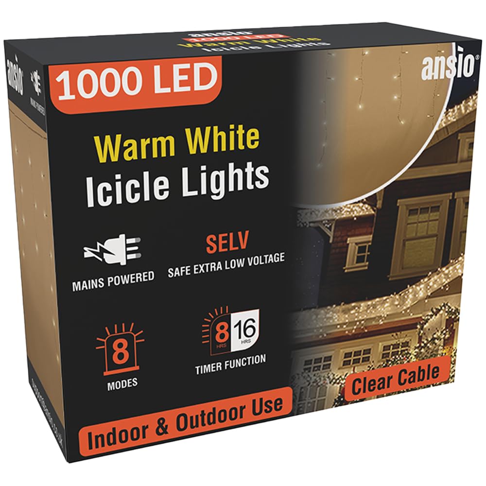 ANSIO® Outdoor Christmas Lights 1000 LED 35m/112ft Icicle Lights Outdoor & Indoor Warm White Decorations String Fairy Outside Lights with Timer for Xmas Garden & Party | Mains Powered Clear Cable — image 1