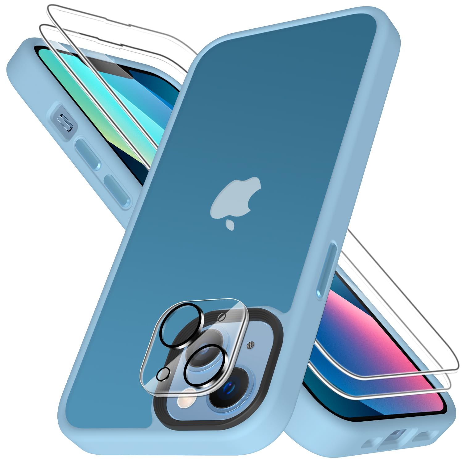 Mootobo for iPhone 13 Case, 4 in 1 [Mil-Grade Shockproof Defense] with 2 Screen Protector+1 Lens Protector,Translucent Matte Back Slim Shockproof Phone Cover for iPhone 13 6.1 inch - Blue