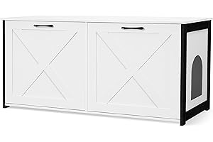 Dwanton 46" Litter Box Enclosure for 2 Cats, Large Cat Litter Box Furniture Hidden with Double Rooms, Wooden Cat Washroom Indoor, Fit Most of Litter Box, White, 46" L x 19.7" W x 21.7" H