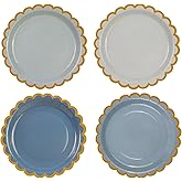 Xjoviative 48PCS Blue Paper Plates 7 Inch, Gradient Blue Scalloped Paper Plates with Gold Foil Edge Disposable Dessert Cake Plate for Baby Shower Wedding Birthday Party Supplies