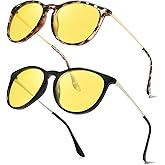 HASFOX 2 Pack Night Vision Driving Glasses for Women Men Round Yellow Lens Anti Glare Polarized for Nighttime Rainy Foggy