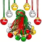 24 Pcs Christmas Bell Necklace 2.5mm 1" X-mas Jingle Bell Holiday Necklace Ornaments Decoration Bulk with Rope for Santa Craft Christmas Party Supplies Decor Gold/Silver/Green/Red