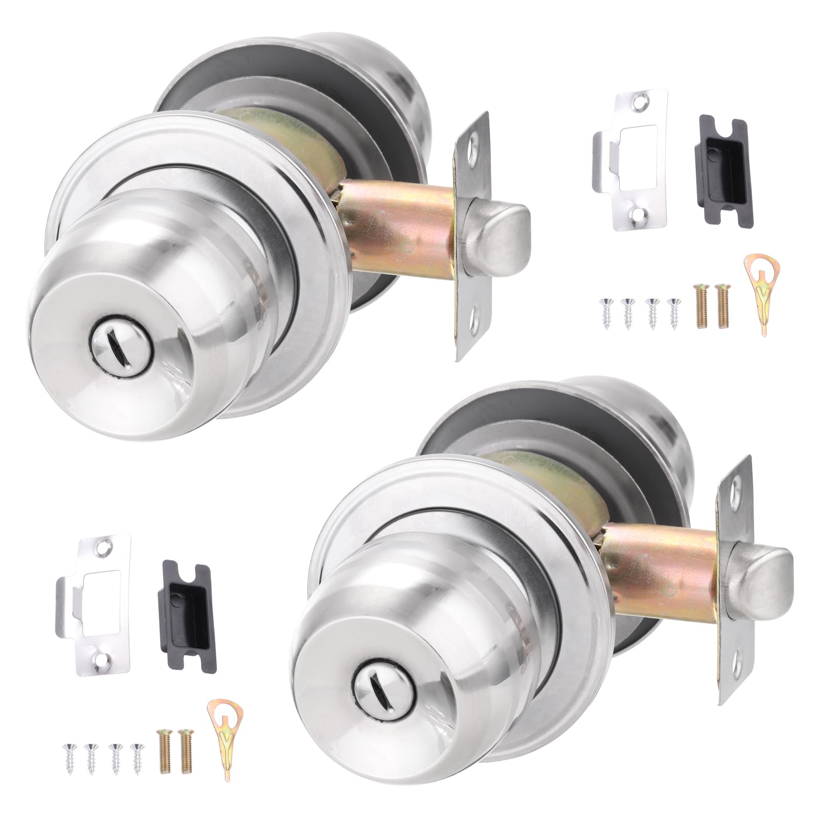 PATIKIL Privacy Keyless Door Knobs Interior 60mm/2.4inch, 2 Pack Round Stainless Steel Bedroom Bathroom Door Knob with Lock Entry Indoor Outdoor Door, Silver