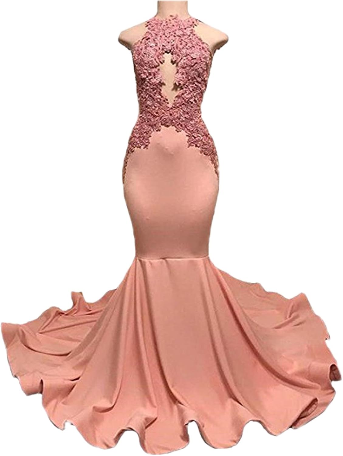BridalAffair Pink High Neck Mermaid Prom