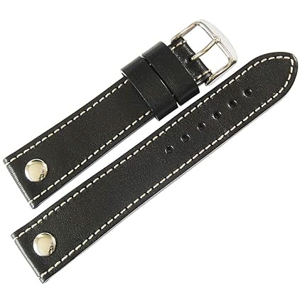 Sattelleder Long 24mm Riveted Black Leather Mens Watch Strap