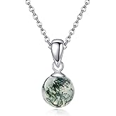 HUKKUN Moss Agate/Amethyst/Rose Quartz/Jade/Larimar/Opal Necklace Sterling Silver Natural Gemstone Ball Pendant Necklace Gemstone Jewelry for Women