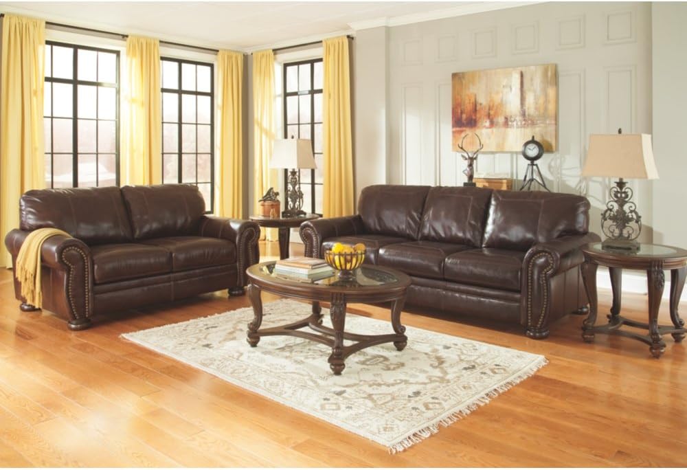 Signature Design by Ashley - Norcastle Traditional Glass Top Oval Coffee Table, Dark Brown - Table & Chair Sets