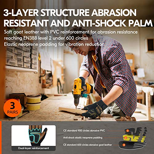 Vgo... 3 Paare Arbeitshandschuhe, Mechanikhandschuhe, Ziegenlederpalmen, Spandexrück, Fahrer- und Arbeitshandschuhe mit… – Bild 5