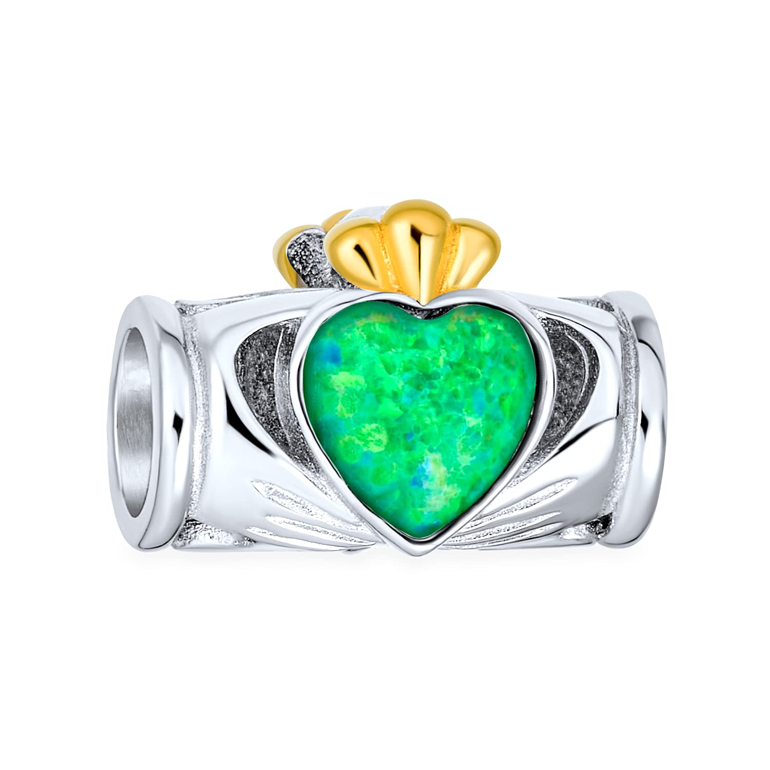 Bling Jewelry Green Created Opal Couples BFF Heart Crown Irish Claddagh Charm Bead For Women For Teen Two Tone .925 Sterling Silver Fits European Bracelet