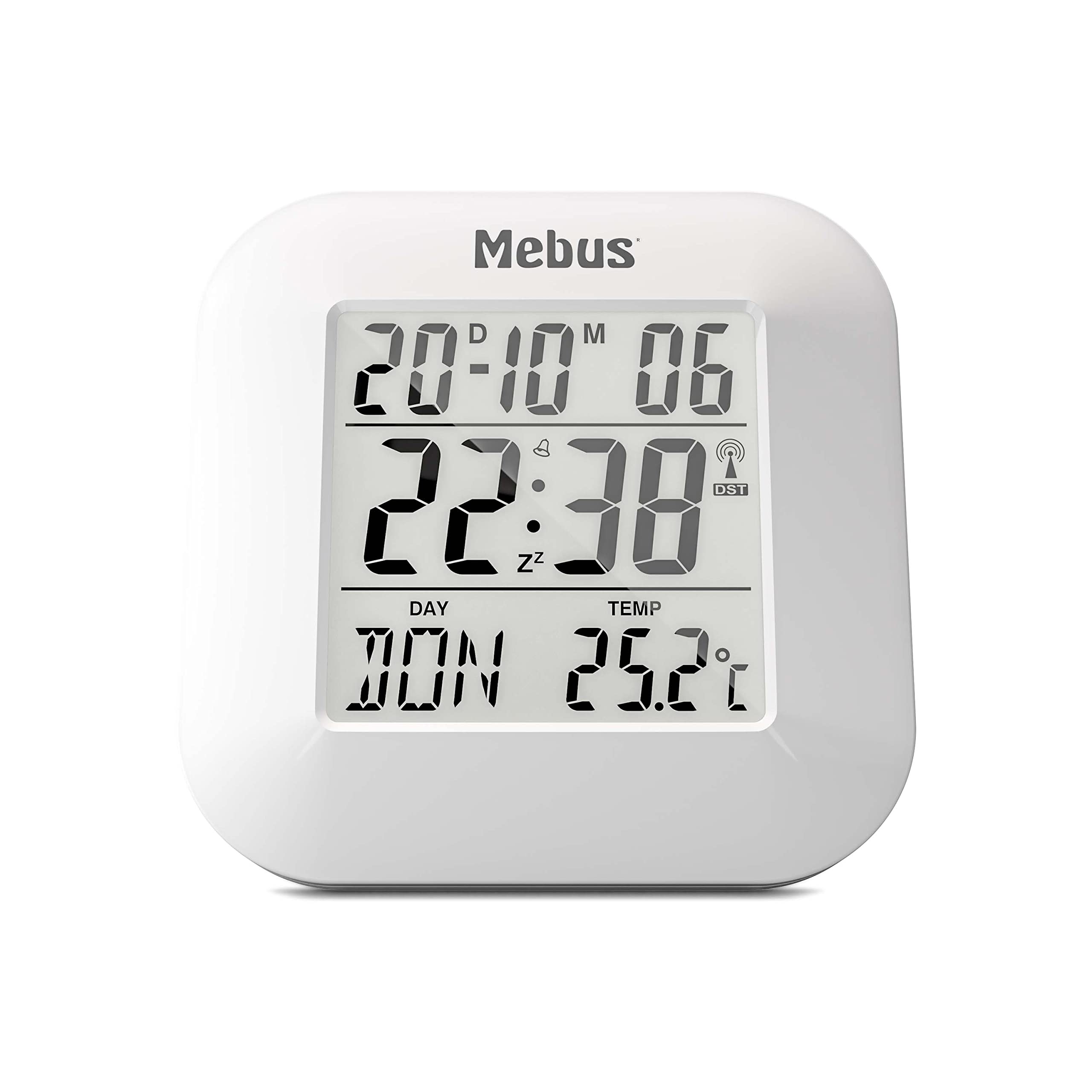 Mebus Digital Wireless Alarm Clock with Thermometer, Date and Lighting, Snooze Function, Plastic, White, 8 x 8.5 x 1.8 cm