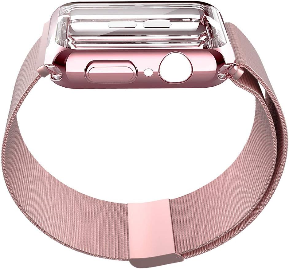UPBAND Rose Pink Band with Case for Apple Watch Series 4 40mm, Band - Stainless Steel Adjustable Replacement Strap, Case - Overall Protection TPU Screen Protector, Ultra-Slim Compatible with iwatch