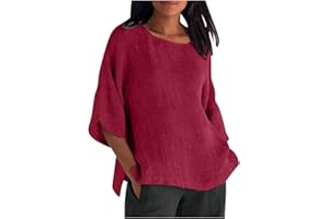 MAMIDAY Linen Shirts for Women 3/4 Sleeve Crewneck Oversized T Shirts Loose Casual Blouses Lightweight Trendy Summer Tops