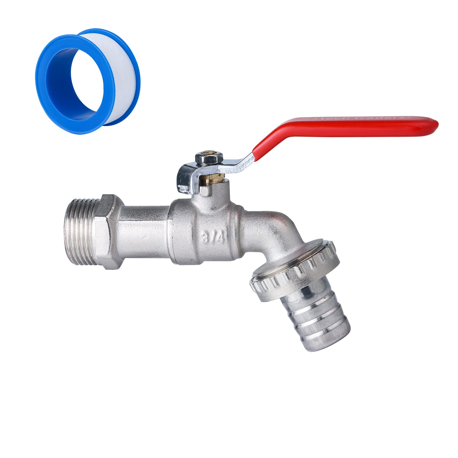 Tech Traders Premium 3/4'' Inch Brass Water Tap - Rust and Frost Resistant + 1x Hose Connector for Garden, Washing Machine, Rain Barrel