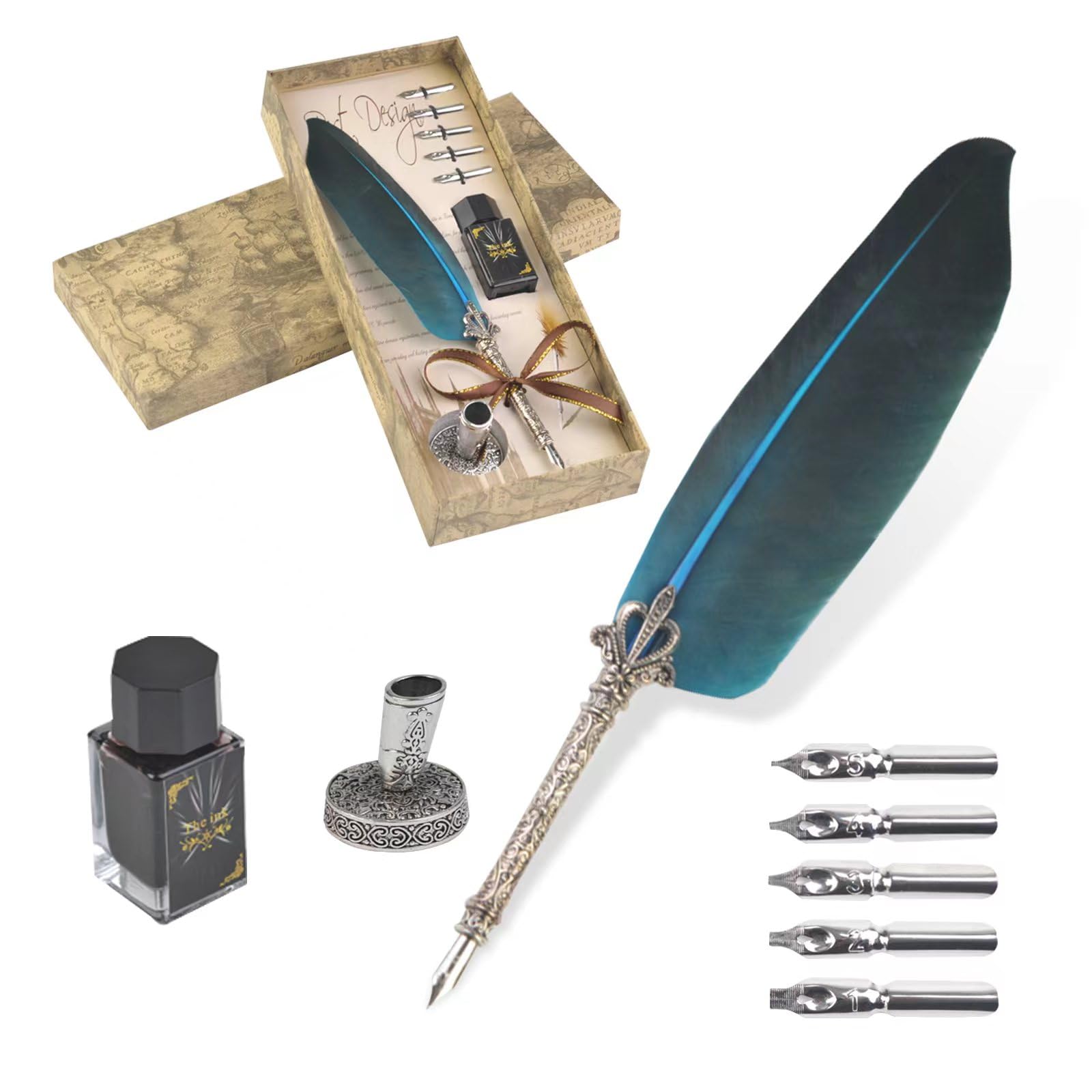 VABNEER Feather Quill Pen Set with Ink & 5 Replacement Nibs for Stationery Gift (Dark Blue)