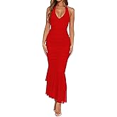 YFANG Women's Sexy Ruffle Hem Halter Deep V Neck Ruched Sleeveless Mesh Bodycon Cocktail Party Maxi Dress
