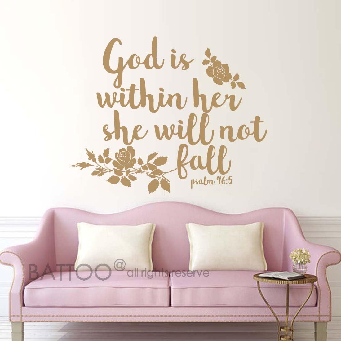 BATTOO Psalm 46:5 Bible Wall Decal Quote - God is Within her she Will not Fall - Teen Girl Vinyl Decal Religious Wall Art Christian Word Vinyl Lettering(Gold, 27.5"WX22"H)