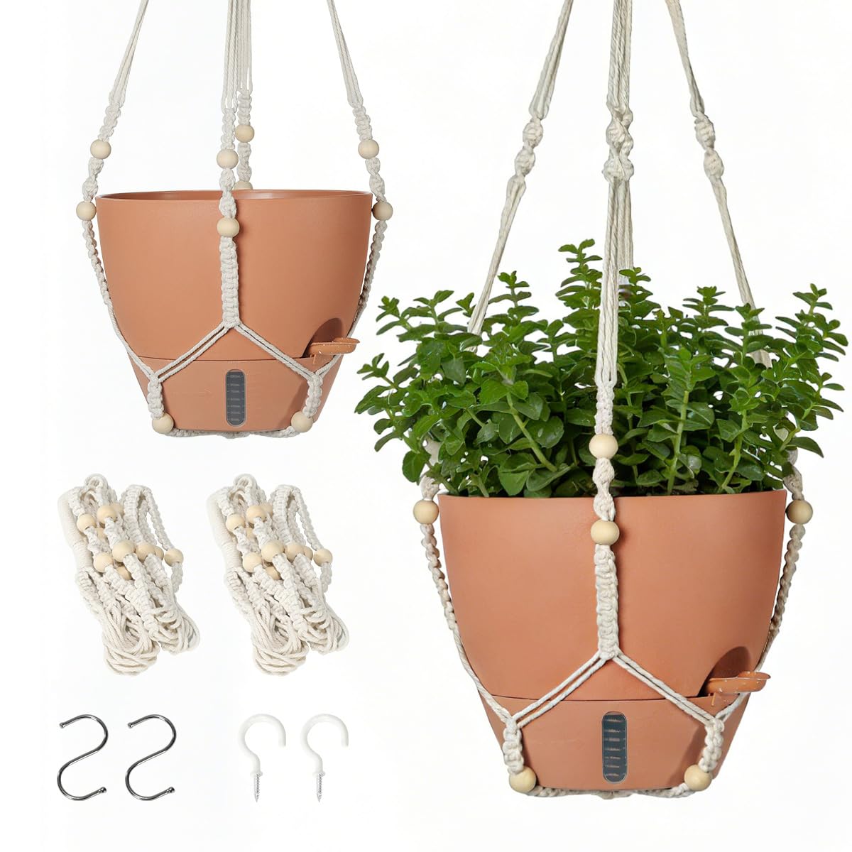 Photo 1 of **MISSING BOTTOM** YUNLINGAA Self-Watering Hanging Planters for Indoor Plants Set 2-Piece Includes Plant Hanging Pot, Drainage-Hole Hanging Pot, and Hanging Basket Rack (Terracotta,10 Inches)