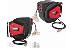 HIMIMI Set of 2, Double 50Ft Extension Cord Reels, 14 AWG/3C Retractable Power Cord Reels for Garage Workshop, Ceiling Wall Mount Electric Reels w/ 3 Outlets, 180° Swivel, Overload Protection, 13A