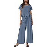 Dorwon Womens 2-Piece Ruffle Smocked Set Short Sleeve Peplum Top Wide-Leg Pants with Pockets