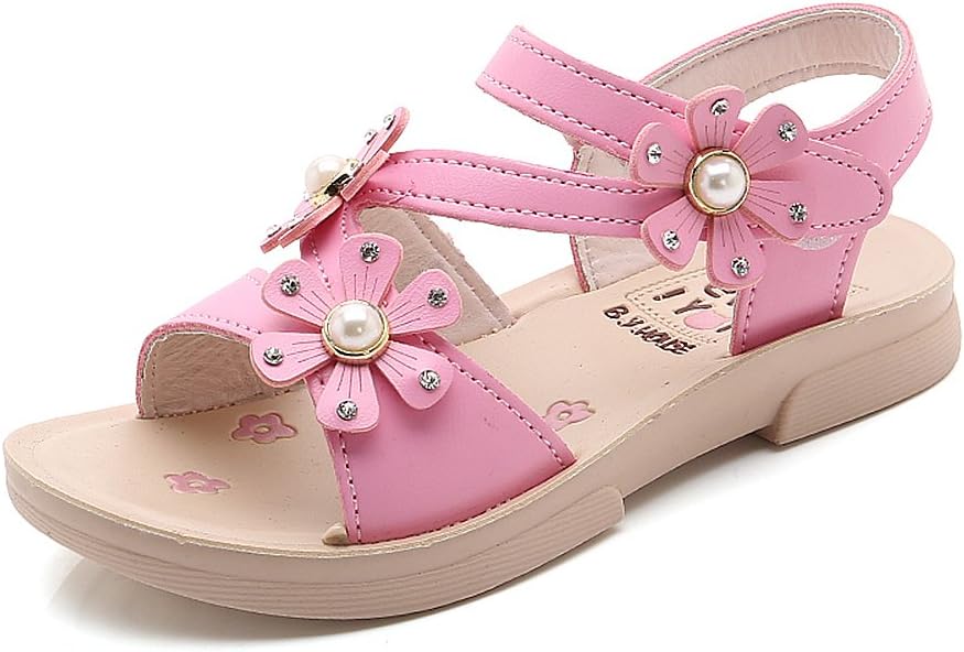 QZBAOSHU Girls Sandals with Three Pearls Flowers Leather Shoes Sandals for Little Girls