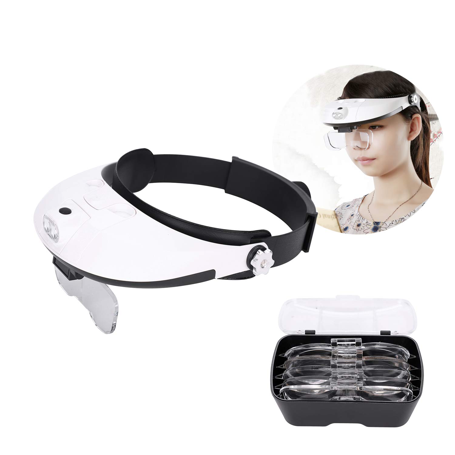 Headband Magnifier Visor LED Lights Head Mounted Magnifier Hands Free Illuminated Headset Magnifying Glass for Reading Jewelry Crafts Electronics Repair, with Detachable 5 Lens 1X to 3.5X