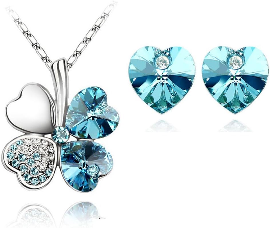 ZIZI Aquamarine Blue ~ Love Heart Lucky Four Leaf Clover ~ Necklace & Heart Earring Set ~ 18K White Gold Plated