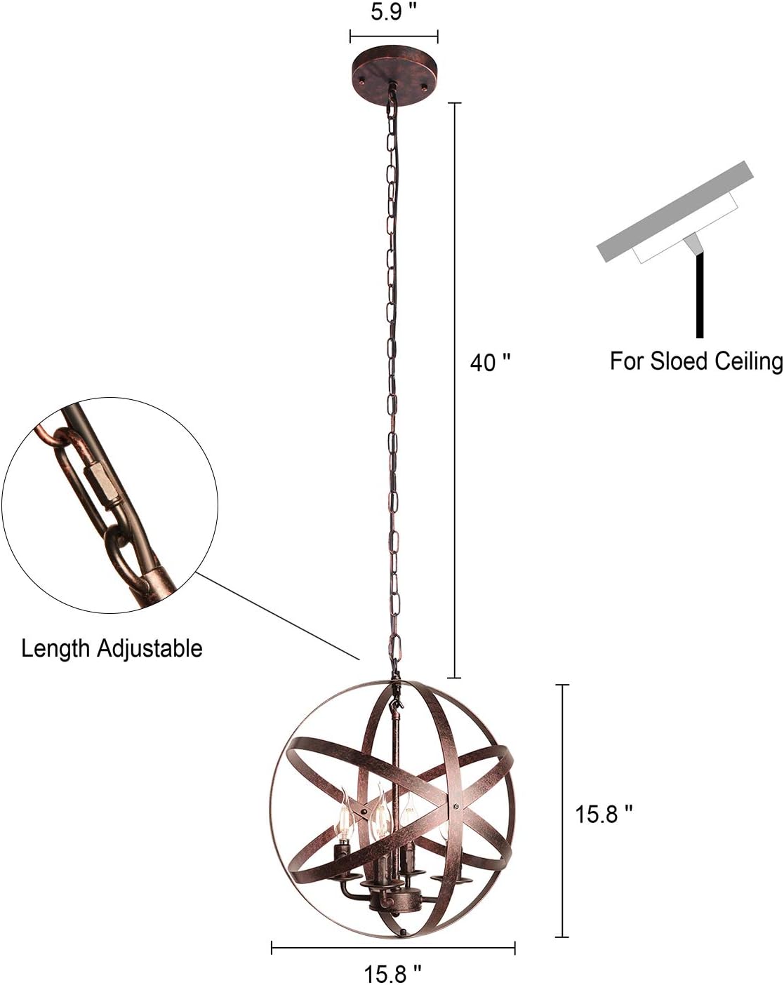 Lika 4-Light Chandelier 15.7" Farmhouse Rustic Industrial Pendant Lighting with Metal Spherical Shade Black Chandeliers for Dining Room, Kitchen, Foyer - - 