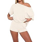 Lacozy Womens Pajama Sets 2 Piece Lounge Sleep Shirts Off Shoulder Tops Shorts Sexy Sleepwear Loungewear Summer Outfits
