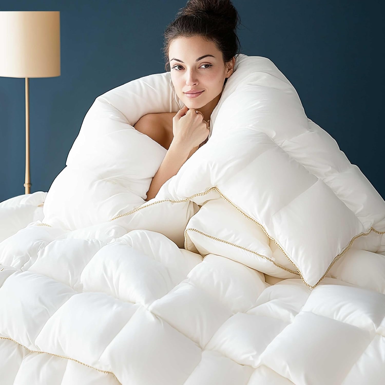 Photo 1 of Puffy White Feather Comforter King Size with Feathers Down Fiber Filled, All Season Feather Duvet Insert, 100% Cotton Luxury Hotel Collection, 8 Corner Loops