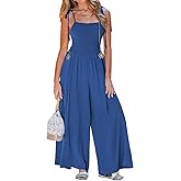 CUPSHE Women's One Piece Jumpsuits Smocked Sleeveless Spaghetti Strap Rompers Summer Jumpers Wide Leg Pant Vacation Outfits
