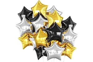 21 Pcs Black Gold Star Foil Balloons, 18 Inch Black Silver Stars Shape Mylar Helium Balloons Black Gold Silver Aluminum Foil 