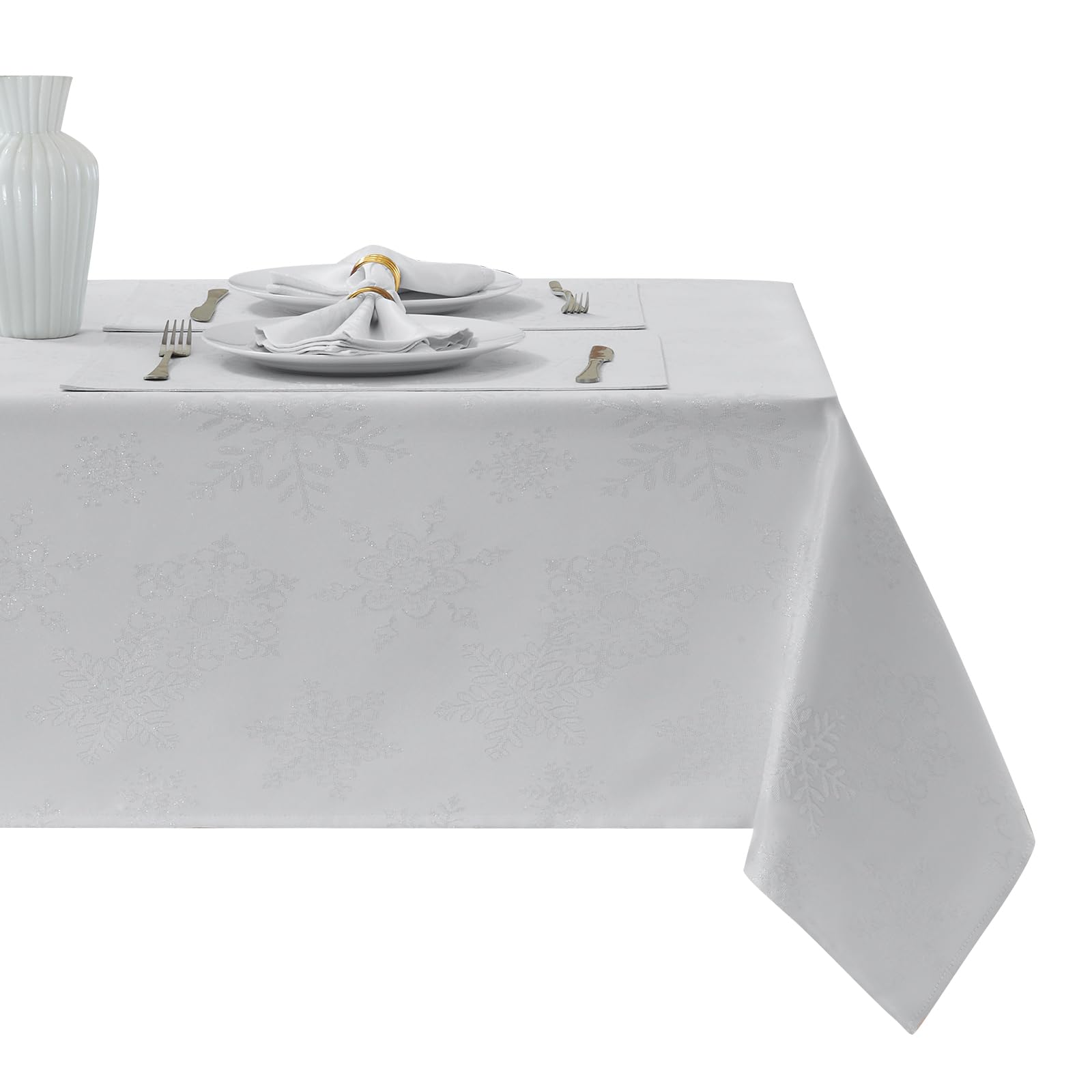 HomeJoy Rectangle Fancy Metallic Sparkling Snowflake Christmas Fabric Table Cloth red Hunter Gold Navy White Silver No-Iron Soil Resistant Woven Holiday Table Cover(White Silver/60x144Inch) Image