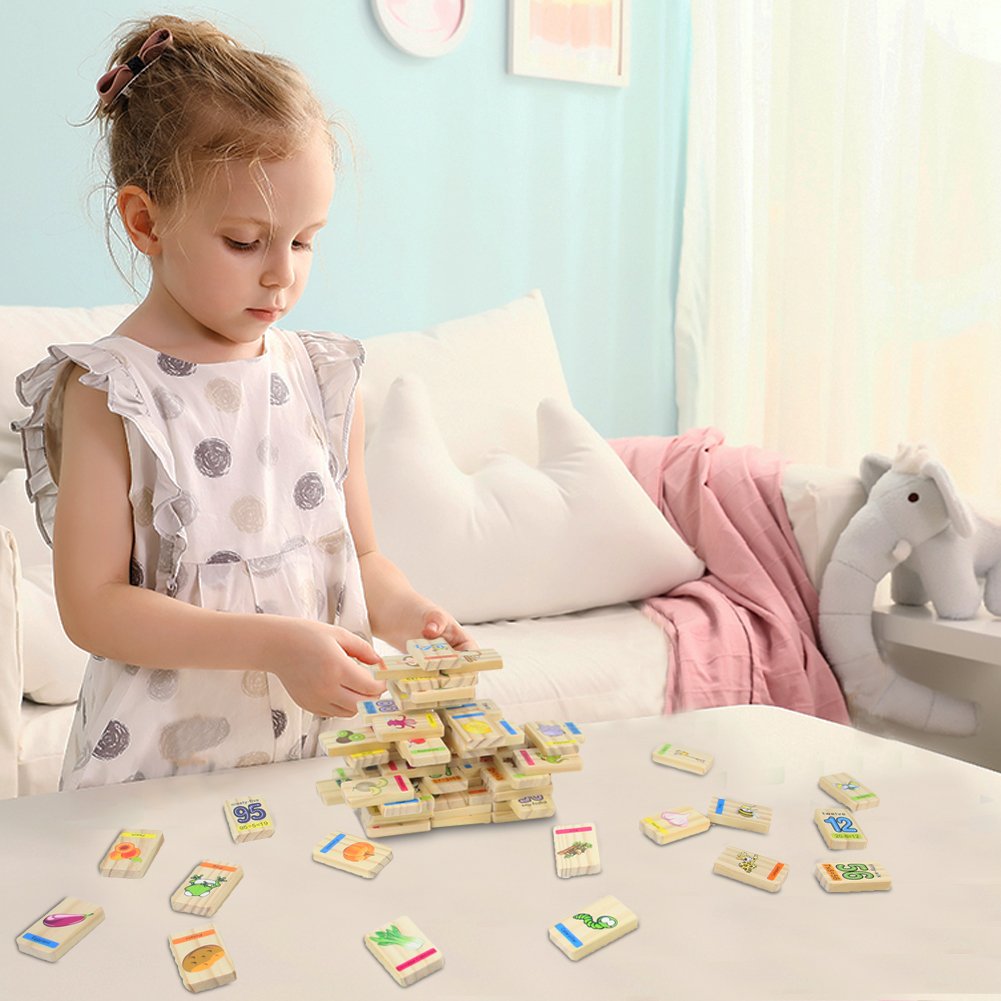 Akokie Wooden Toys Dominoes 100 Pcs Wooden Building Blocks Stacking Toys with Numbers Bag Storage for Kids 3 4 5 6 Years Old